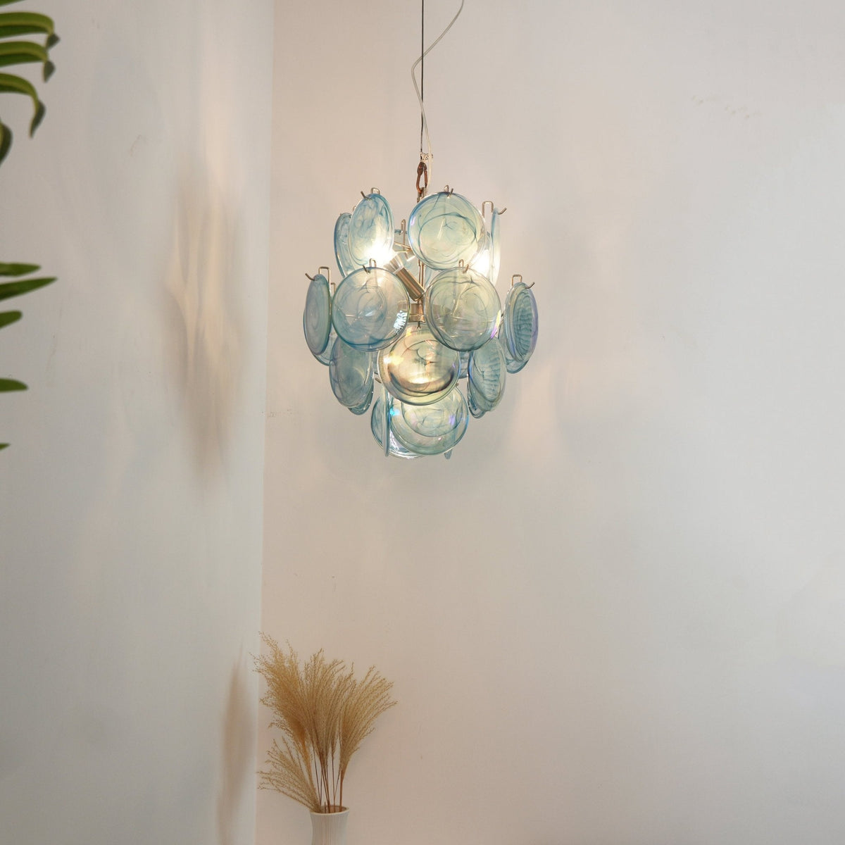 Blue Murano Glass Disc Chandelier, Modern Pendant Light for Dining Room and Living Room