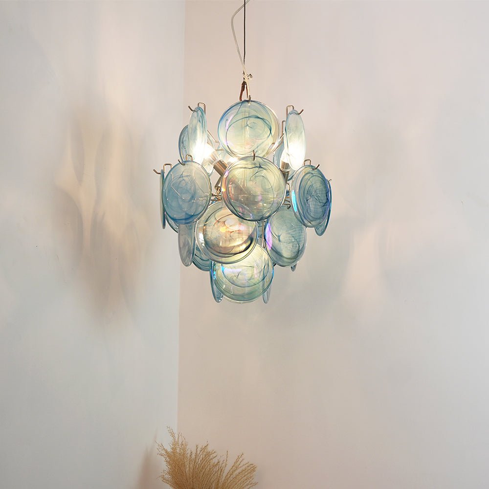 Blue Murano Glass Disc Chandelier, Modern Pendant Light for Dining Room and Living Room