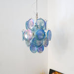 Blue Murano Glass Disc Chandelier, Modern Pendant Light for Dining Room and Living Room