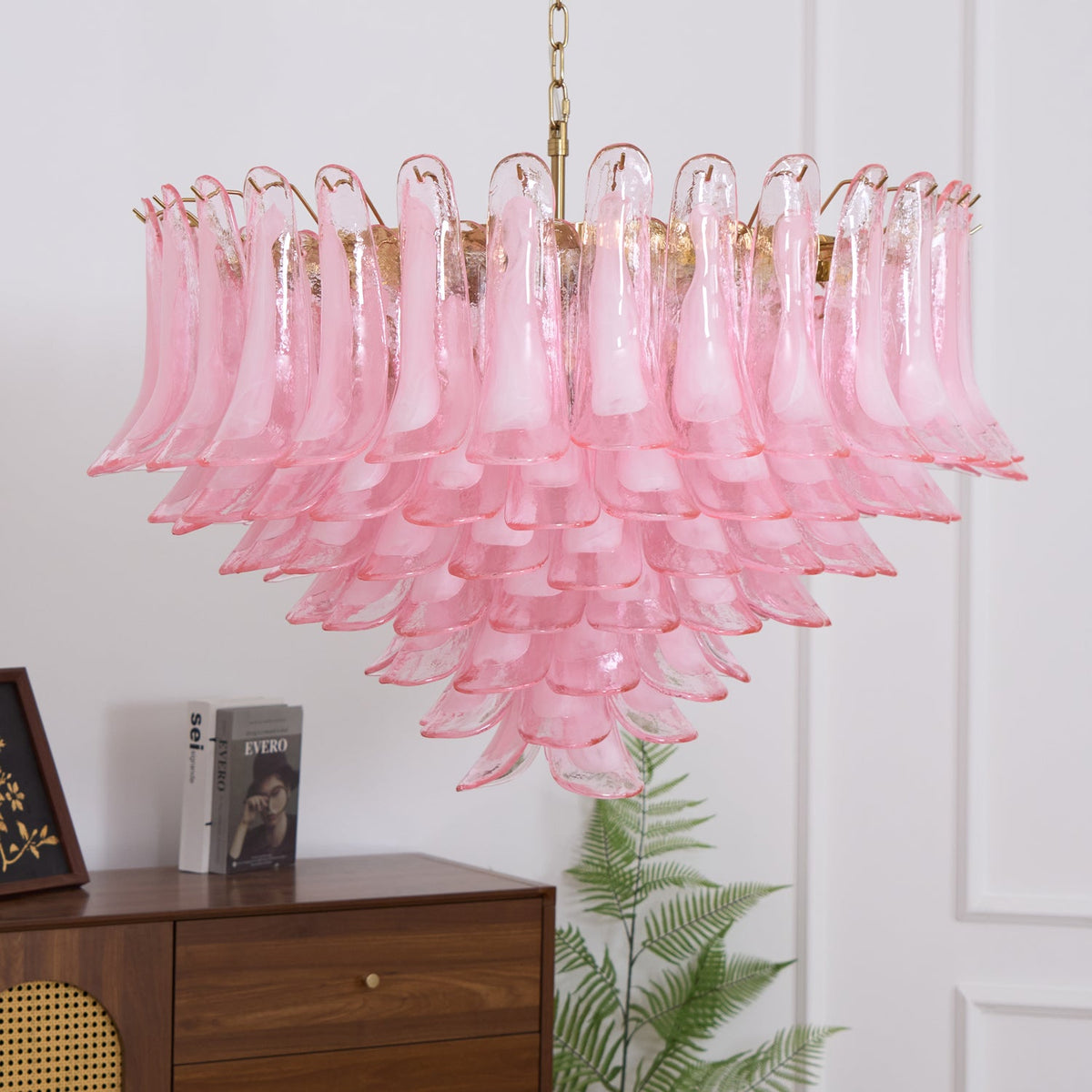Blush Pink Murano Glass Chandelier with Gold Finish