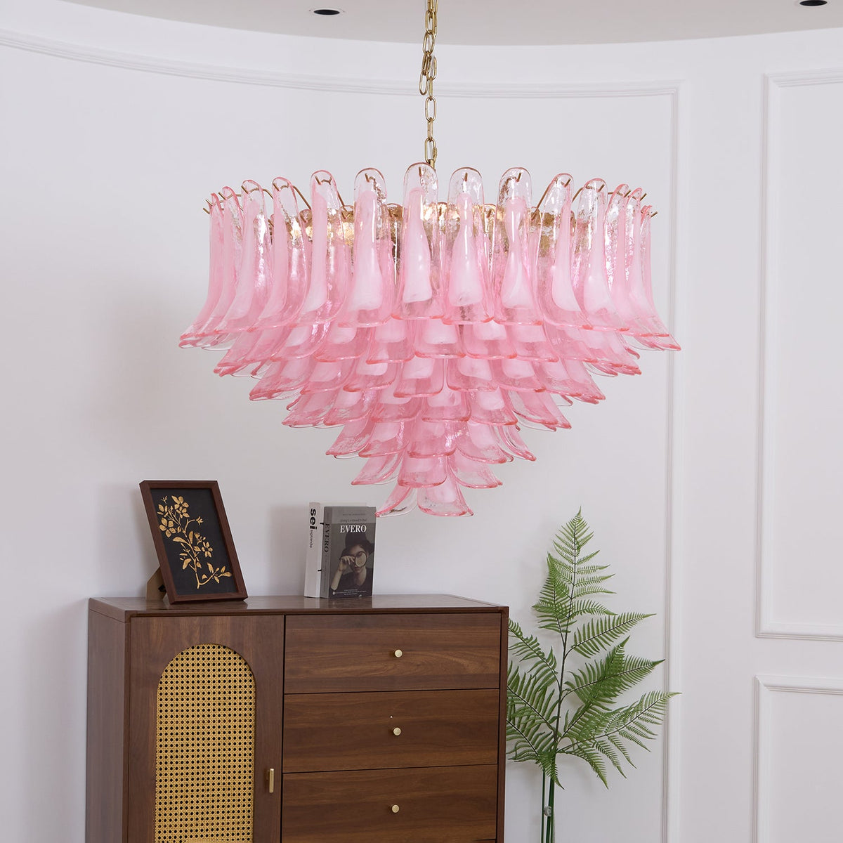 Blush Pink Murano Glass Chandelier with Gold Finish