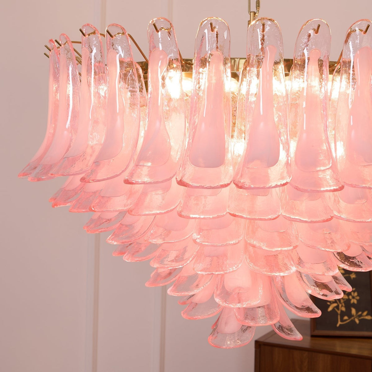 Blush Pink Murano Glass Chandelier with Gold Finish