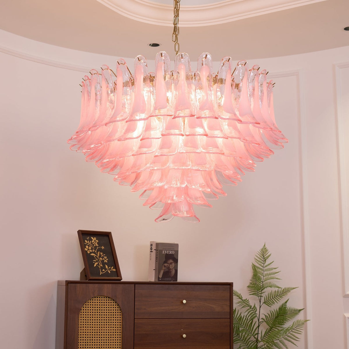 Blush Pink Murano Glass Chandelier with Gold Finish