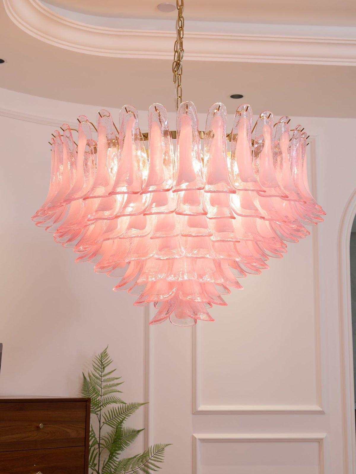 Blush Pink Murano Glass Chandelier with Gold Finish