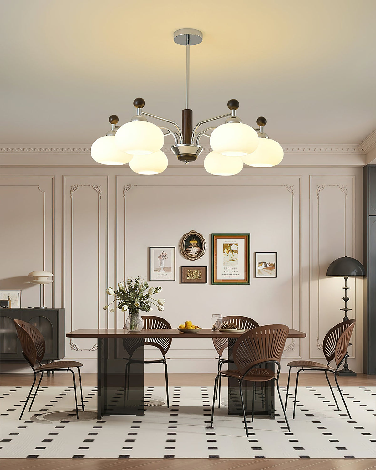 Bogart Modern Curved Arm Chandelier with White Shades