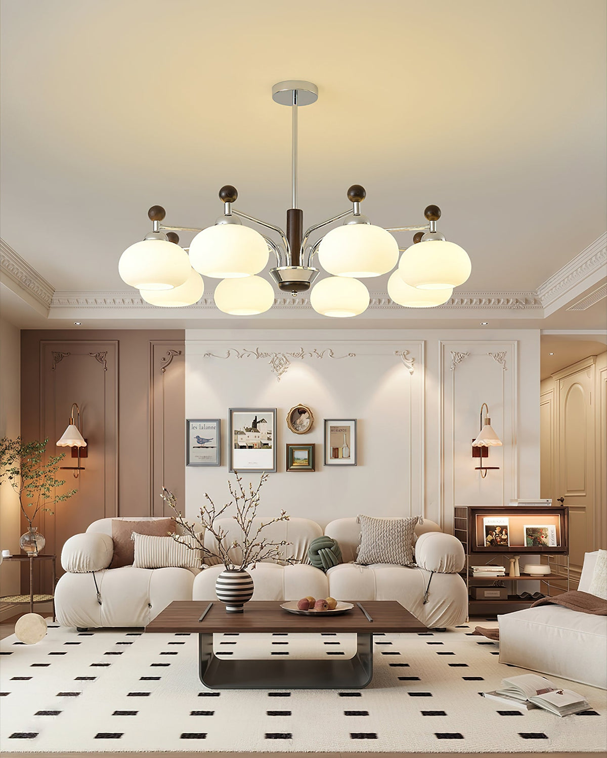 Bogart Modern Curved Arm Chandelier with White Shades
