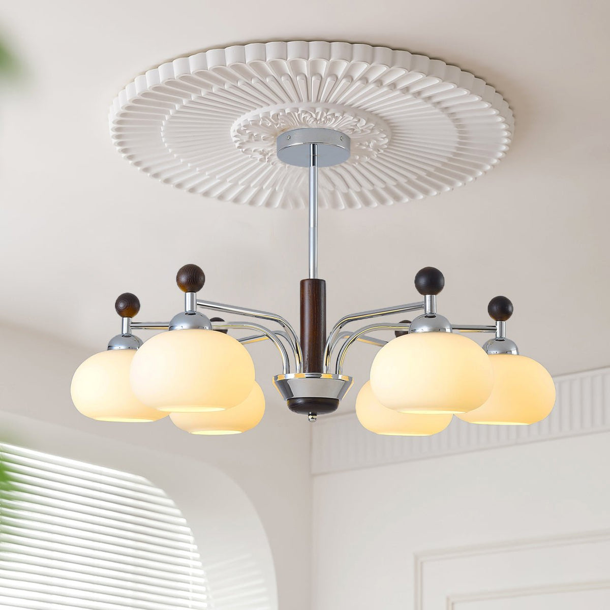 Bogart Modern Curved Arm Chandelier with White Shades