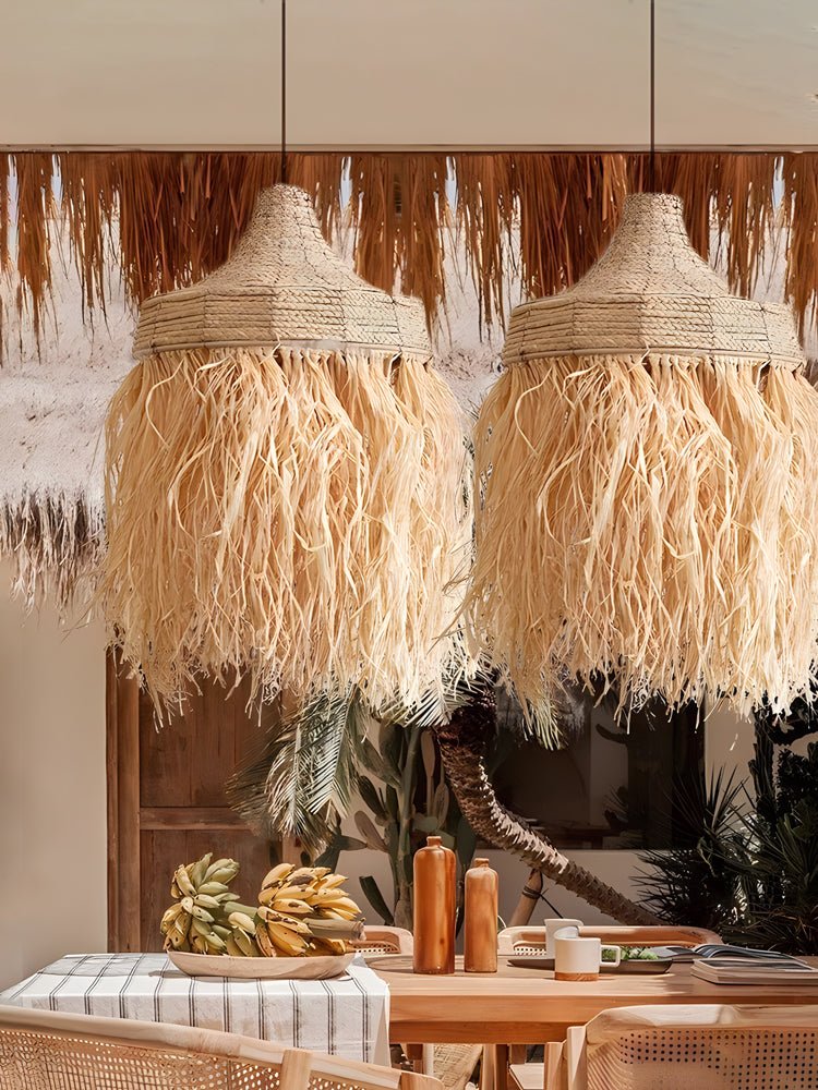 Artisan Raffia Pendant Light with Natural Rattan Accents