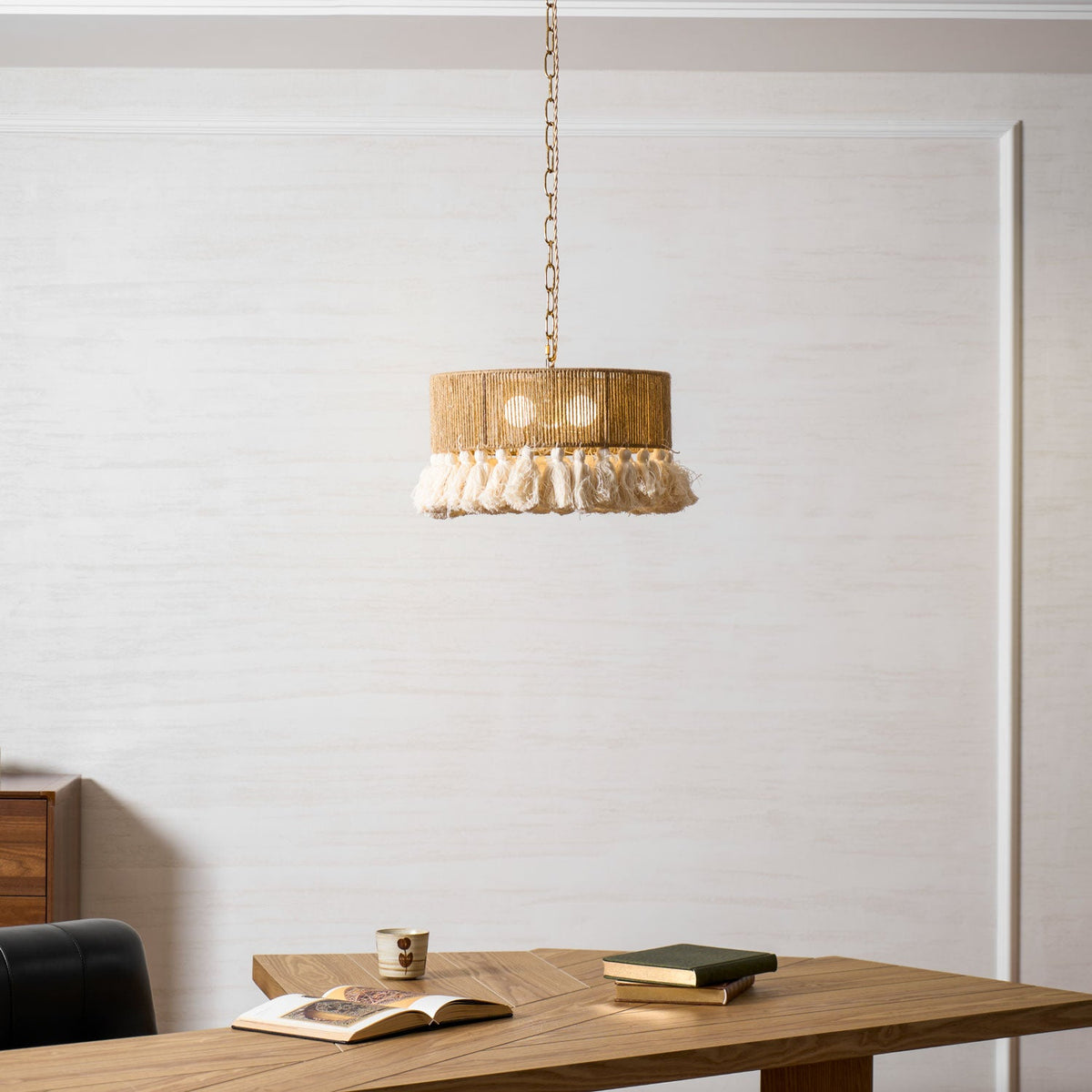 Boho Rara Handwoven Cotton Pendant Light – Natural Hemp Tassel Chandelier