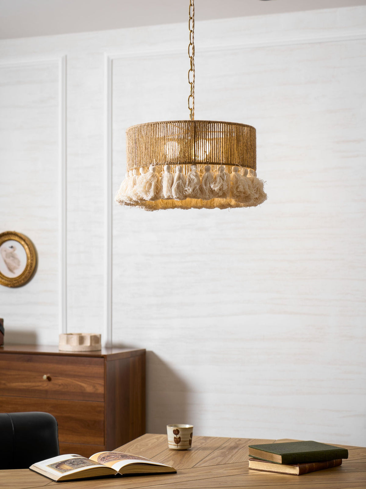 Boho Rara Handwoven Cotton Pendant Light – Natural Hemp Tassel Chandelier