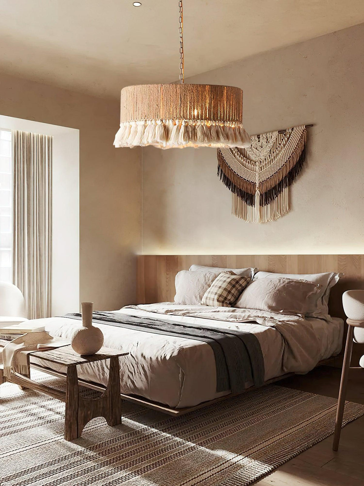 Boho Rara Handwoven Cotton Pendant Light – Natural Hemp Tassel Chandelier