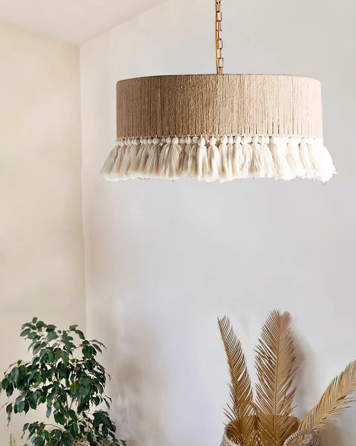 Boho Rara Handwoven Cotton Pendant Light – Natural Hemp Tassel Chandelier
