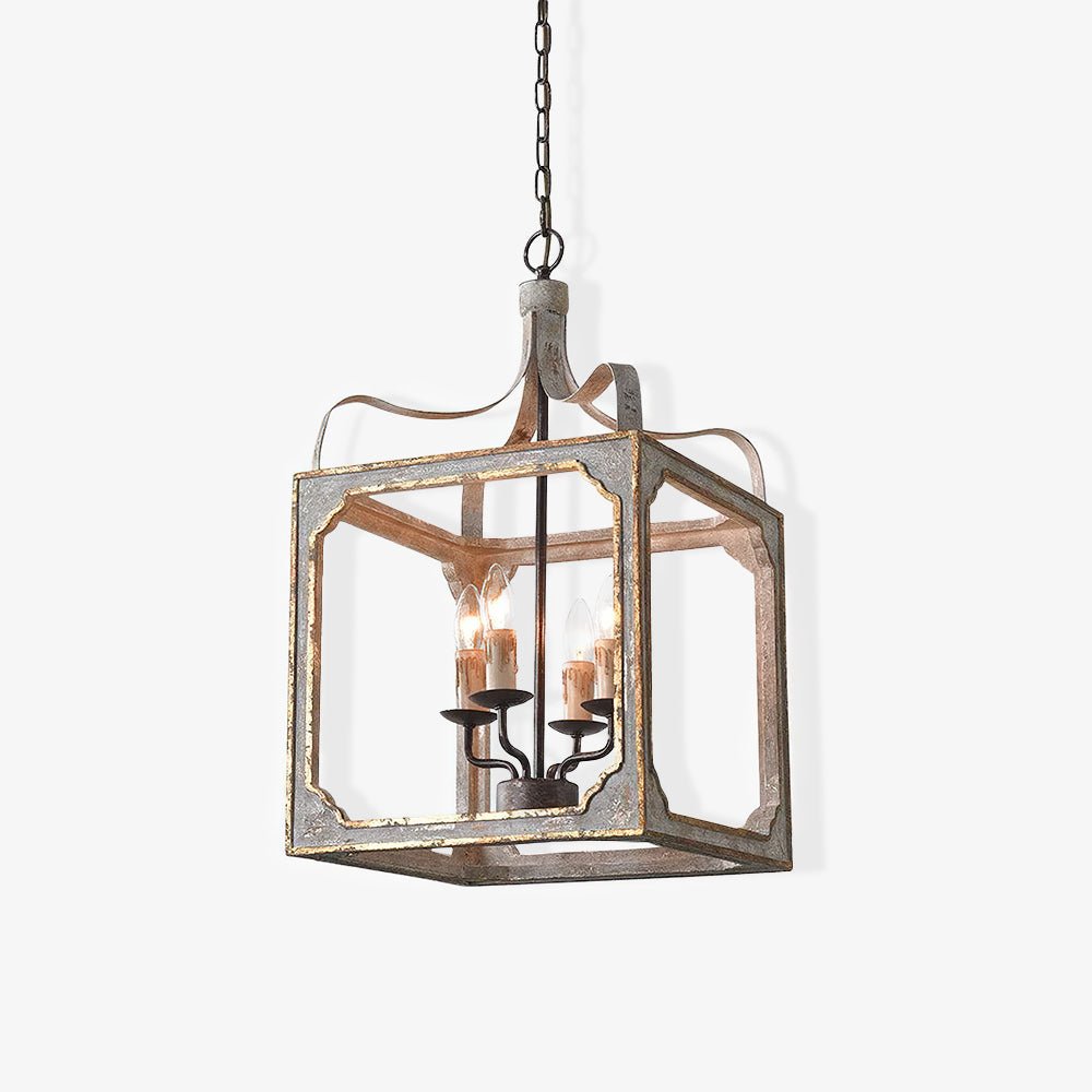 Washed Grey Wood & Iron Lantern Chandelier, 4-Light Geometric Cube Pendant for Dining Room and Foyer