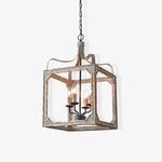 Washed Grey Wood & Iron Lantern Chandelier, 4-Light Geometric Cube Pendant for Dining Room and Foyer