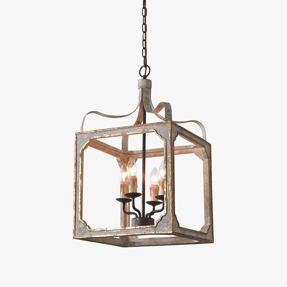Washed Grey Wood & Iron Lantern Chandelier, 4-Light Geometric Cube Pendant for Dining Room and Foyer