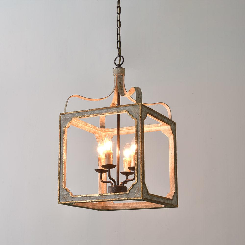 Washed Grey Wood & Iron Lantern Chandelier, 4-Light Geometric Cube Pendant for Dining Room and Foyer