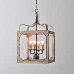 Washed Grey Wood & Iron Lantern Chandelier, 4-Light Geometric Cube Pendant for Dining Room and Foyer