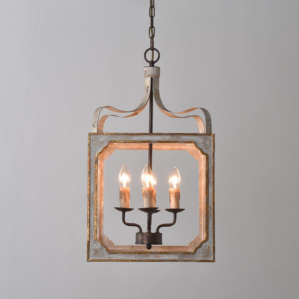 Washed Grey Wood & Iron Lantern Chandelier, 4-Light Geometric Cube Pendant for Dining Room and Foyer