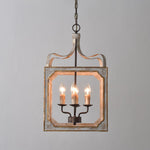 Washed Grey Wood & Iron Lantern Chandelier, 4-Light Geometric Cube Pendant for Dining Room and Foyer