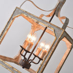 Washed Grey Wood & Iron Lantern Chandelier, 4-Light Geometric Cube Pendant for Dining Room and Foyer