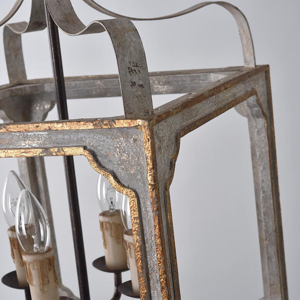 Washed Grey Wood & Iron Lantern Chandelier, 4-Light Geometric Cube Pendant for Dining Room and Foyer