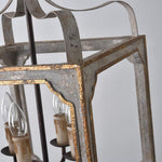 Washed Grey Wood & Iron Lantern Chandelier, 4-Light Geometric Cube Pendant for Dining Room and Foyer