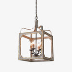 Washed Grey Wood & Iron Lantern Chandelier, 4-Light Geometric Cube Pendant for Dining Room and Foyer