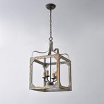 Washed Grey Wood & Iron Lantern Chandelier, 4-Light Geometric Cube Pendant for Dining Room and Foyer