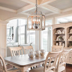 Washed Grey Wood & Iron Lantern Chandelier, 4-Light Geometric Cube Pendant for Dining Room and Foyer