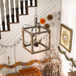 Washed Grey Wood & Iron Lantern Chandelier, 4-Light Geometric Cube Pendant for Dining Room and Foyer