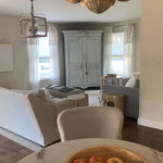 Washed Grey Wood & Iron Lantern Chandelier, 4-Light Geometric Cube Pendant for Dining Room and Foyer