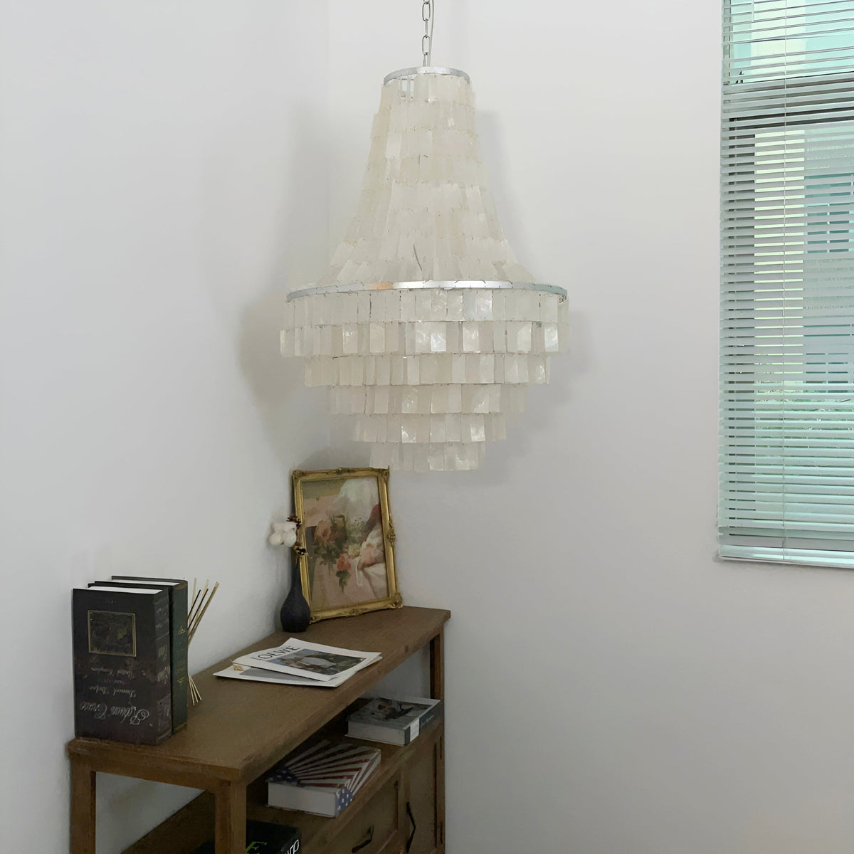 Boho Shell Tiered Chandelier – Natural Capiz Shell Pendant Light for Dining Room and Living Room