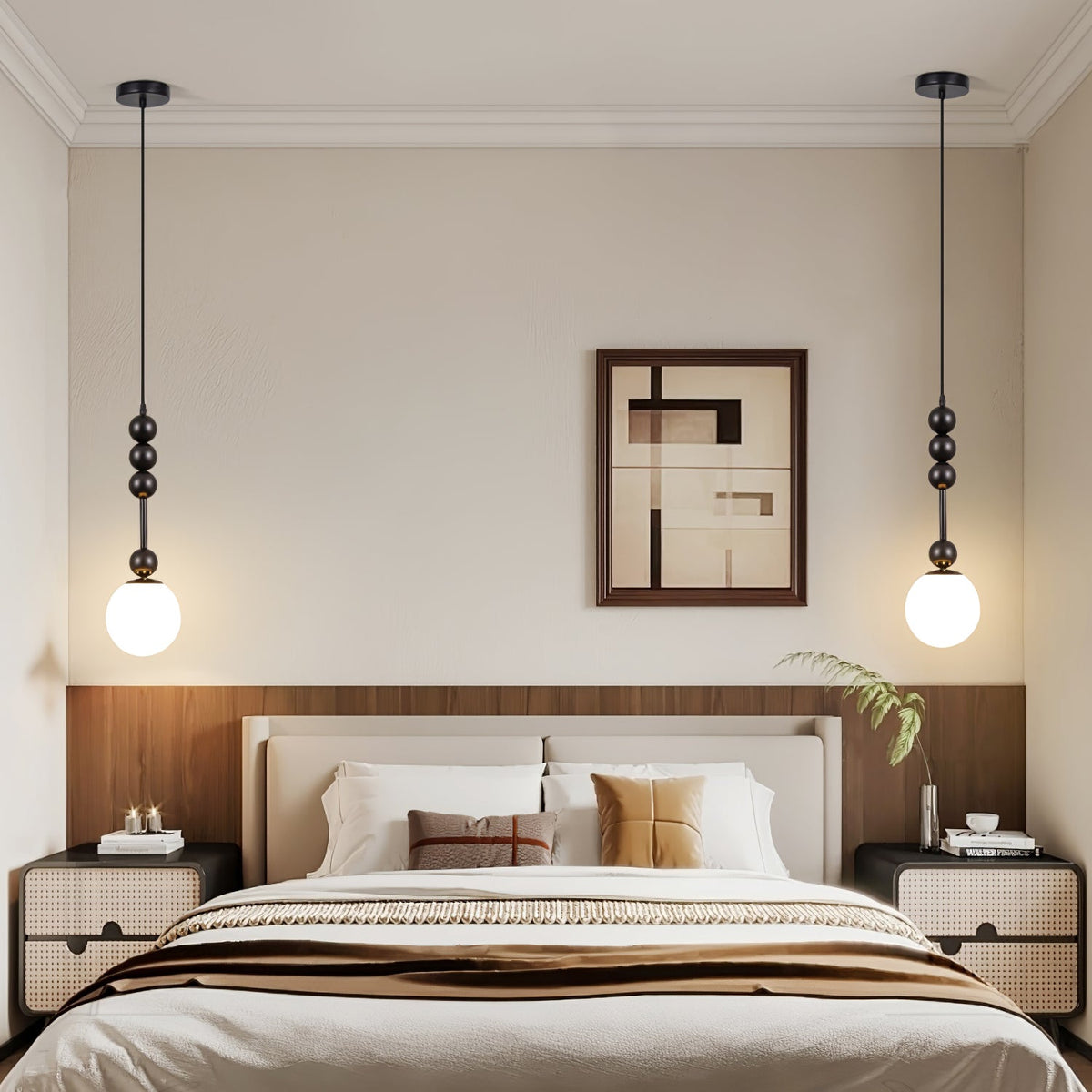 Bola Modern Pendant Light with Opal Glass Globe and Black Spheres