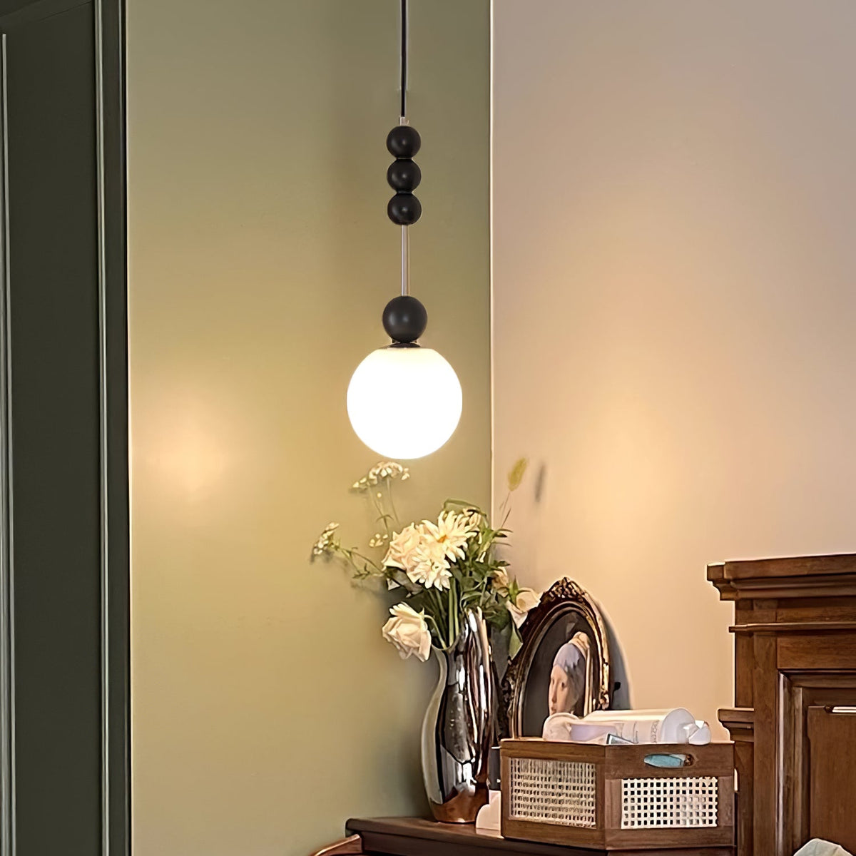 Bola Modern Pendant Light with Opal Glass Globe and Black Spheres