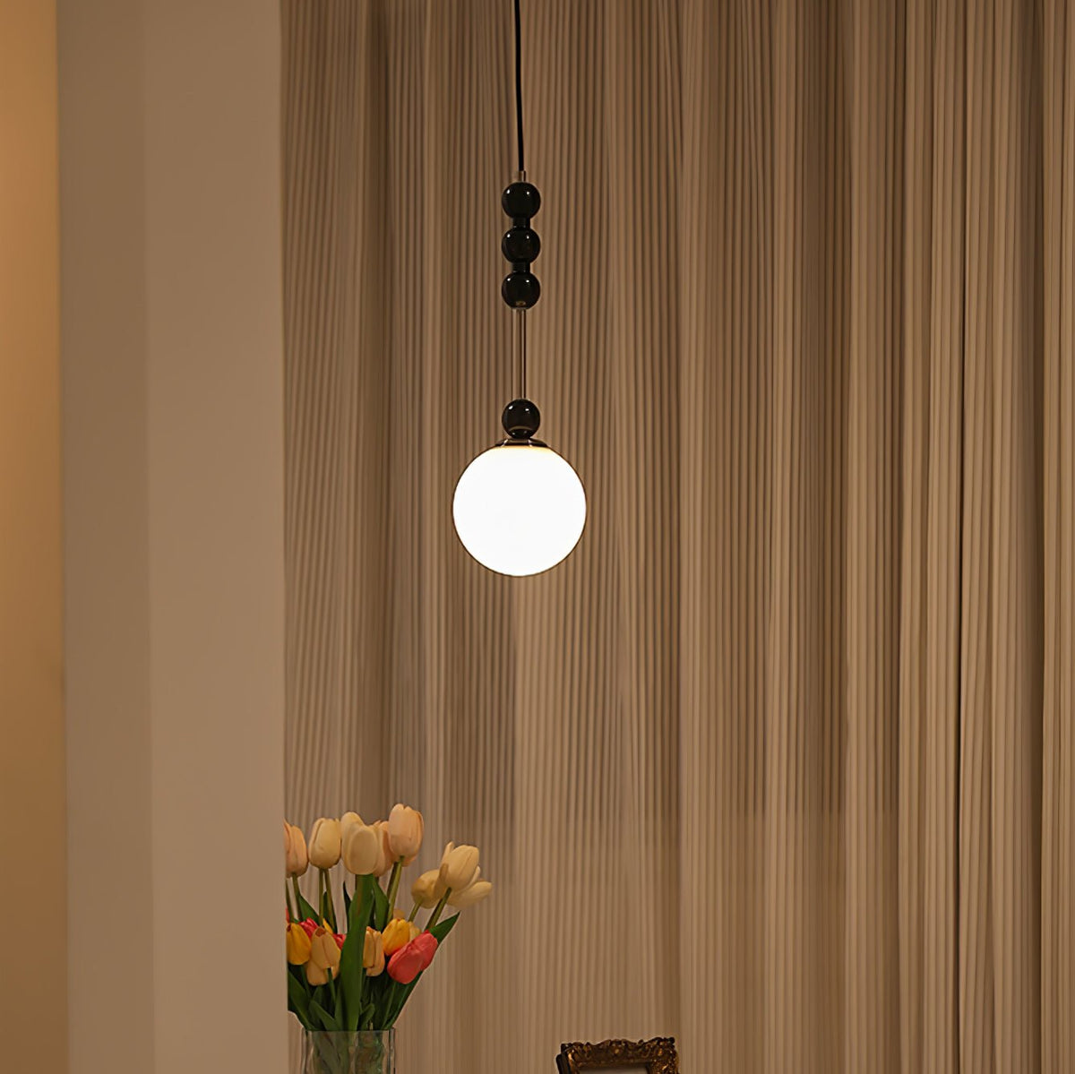 Bola Modern Pendant Light with Opal Glass Globe and Black Spheres