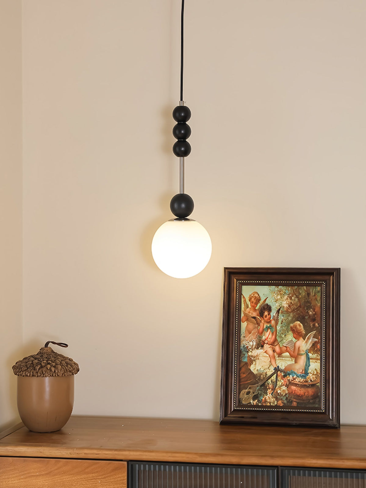 Bola Modern Pendant Light with Opal Glass Globe and Black Spheres
