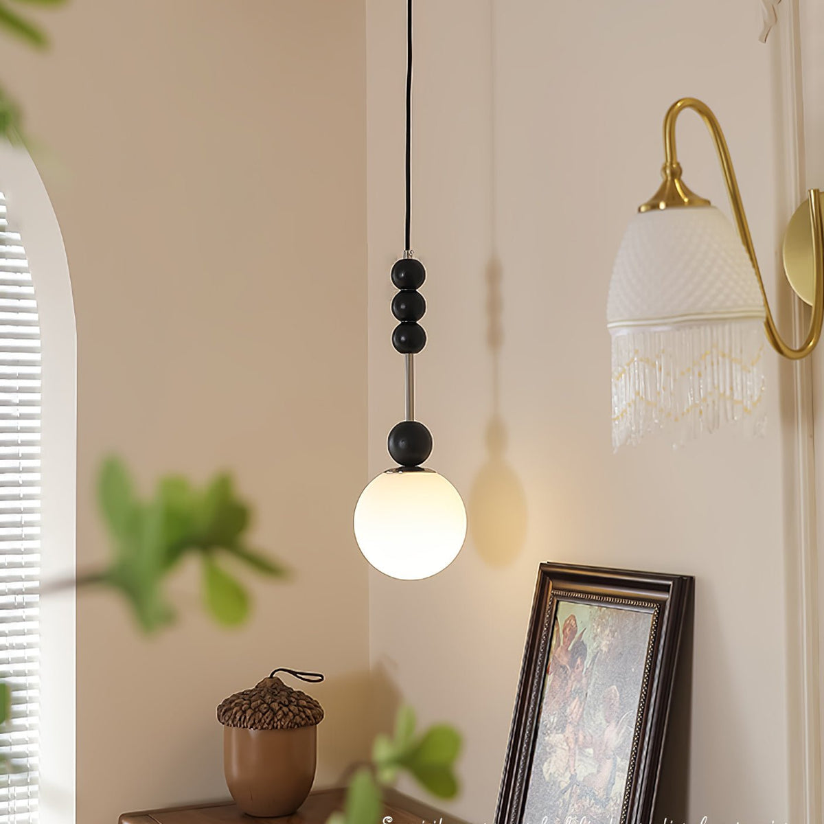 Bola Modern Pendant Light with Opal Glass Globe and Black Spheres