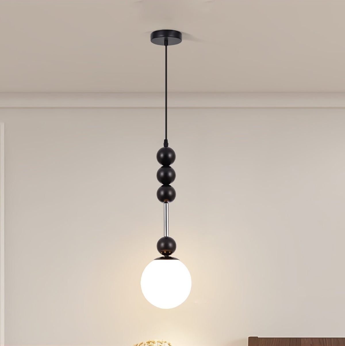 Bola Modern Pendant Light with Opal Glass Globe and Black Spheres