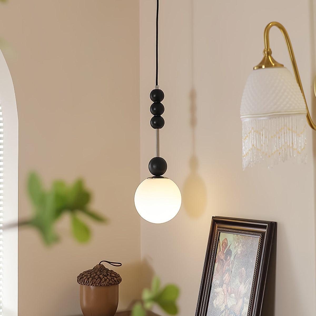 Bola Modern Pendant Light with Opal Glass Globe and Black Spheres