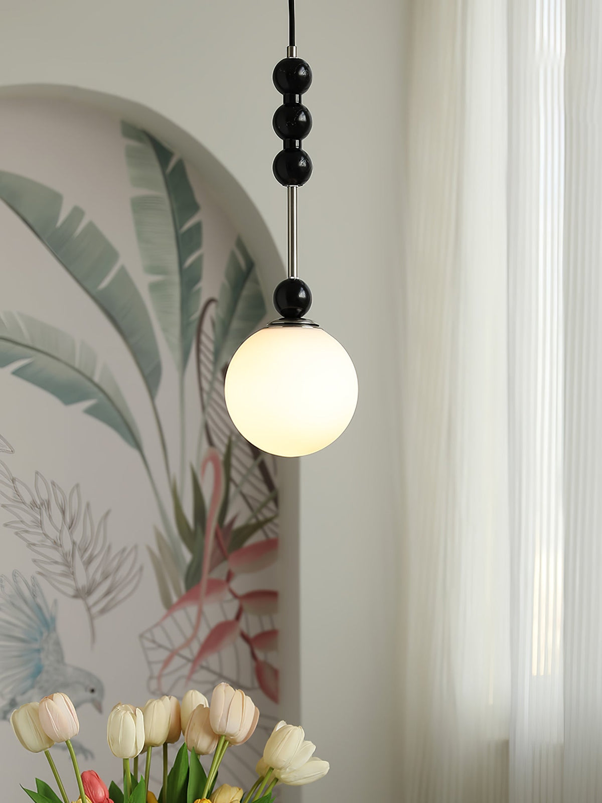 Bola Modern Pendant Light with Opal Glass Globe and Black Spheres