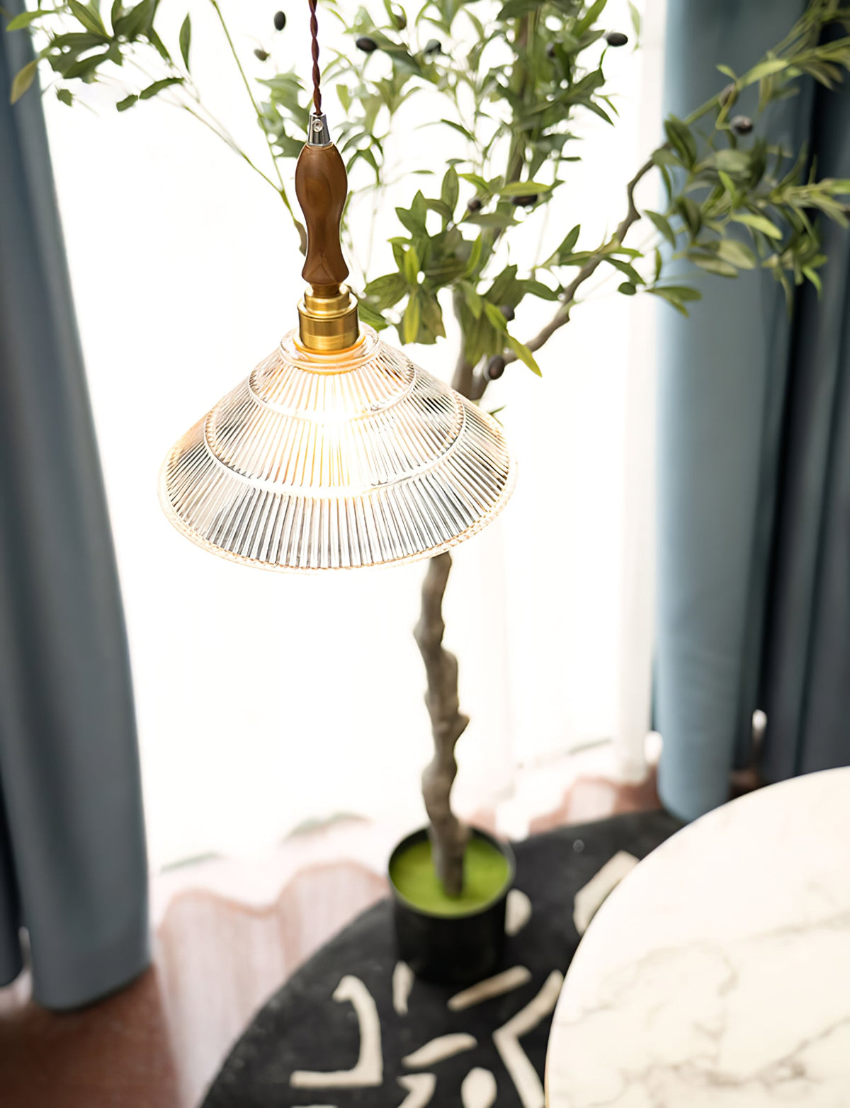 Ripple Glass Pendant Light with Walnut Accents for Modern Interiors
