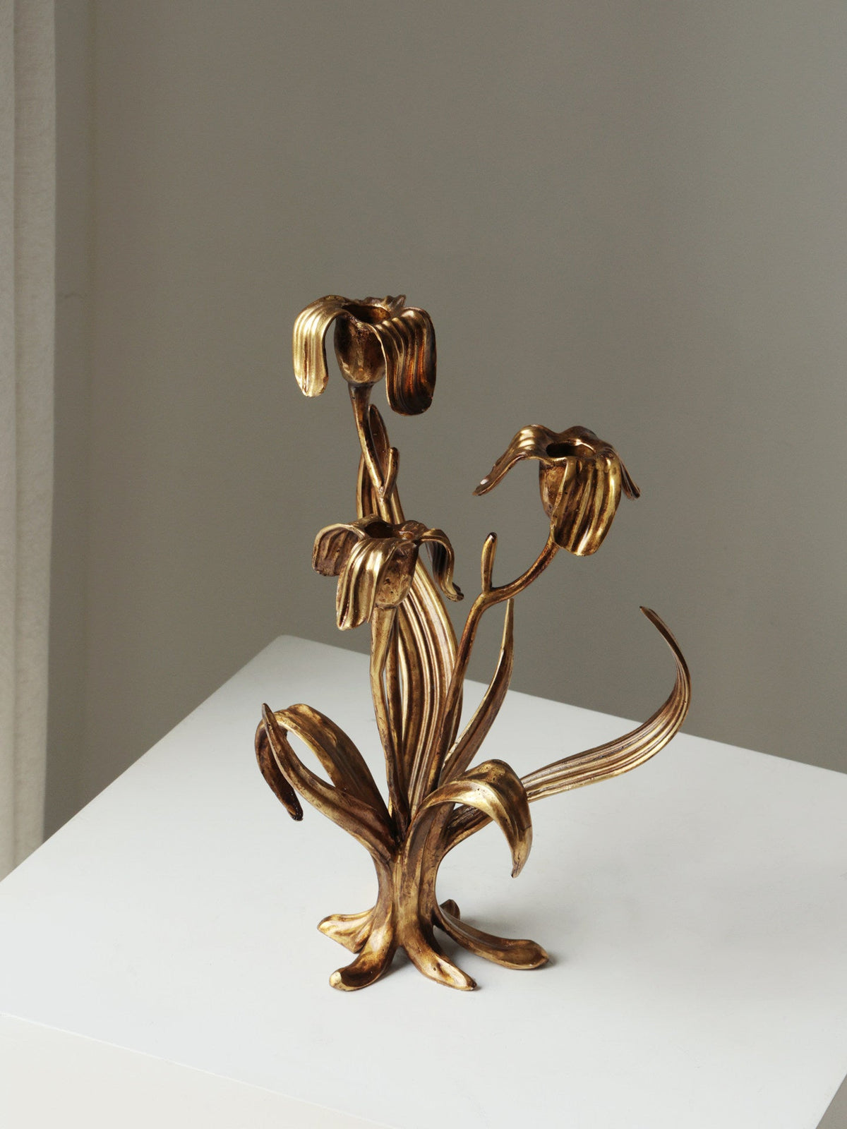 Botanical Bloom Antique Brass Candle Holder Sculptural Table Decor