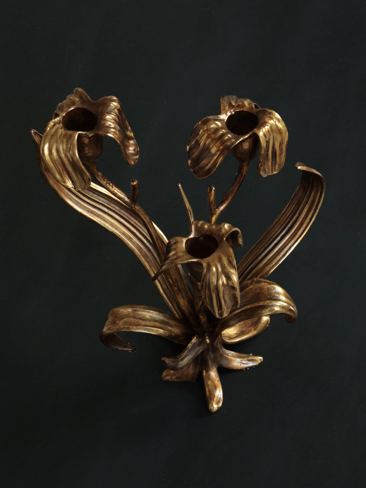Botanical Bloom Antique Brass Candle Holder Sculptural Table Decor