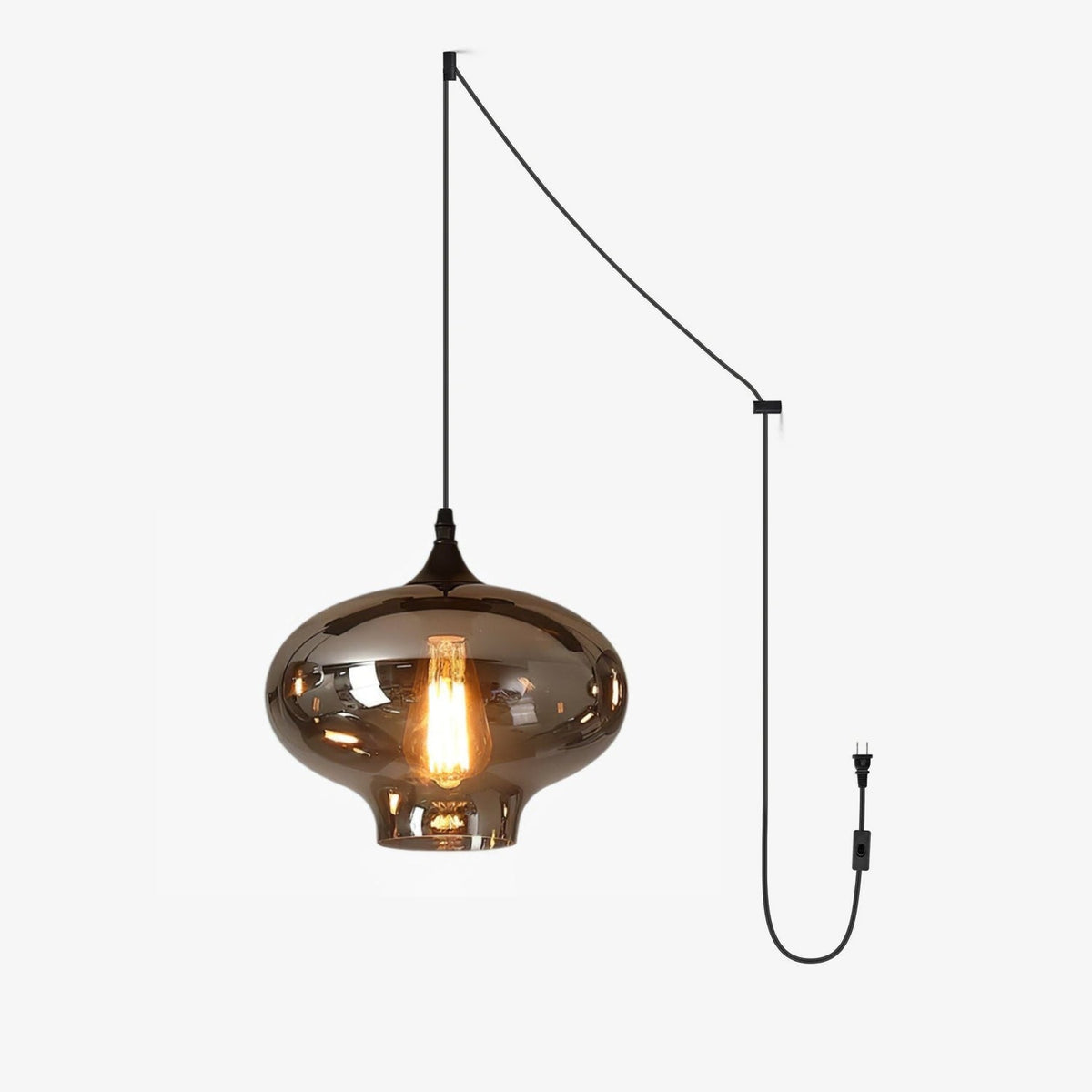 Smoked Glass Swag Pendant Light with Black Metal Accent