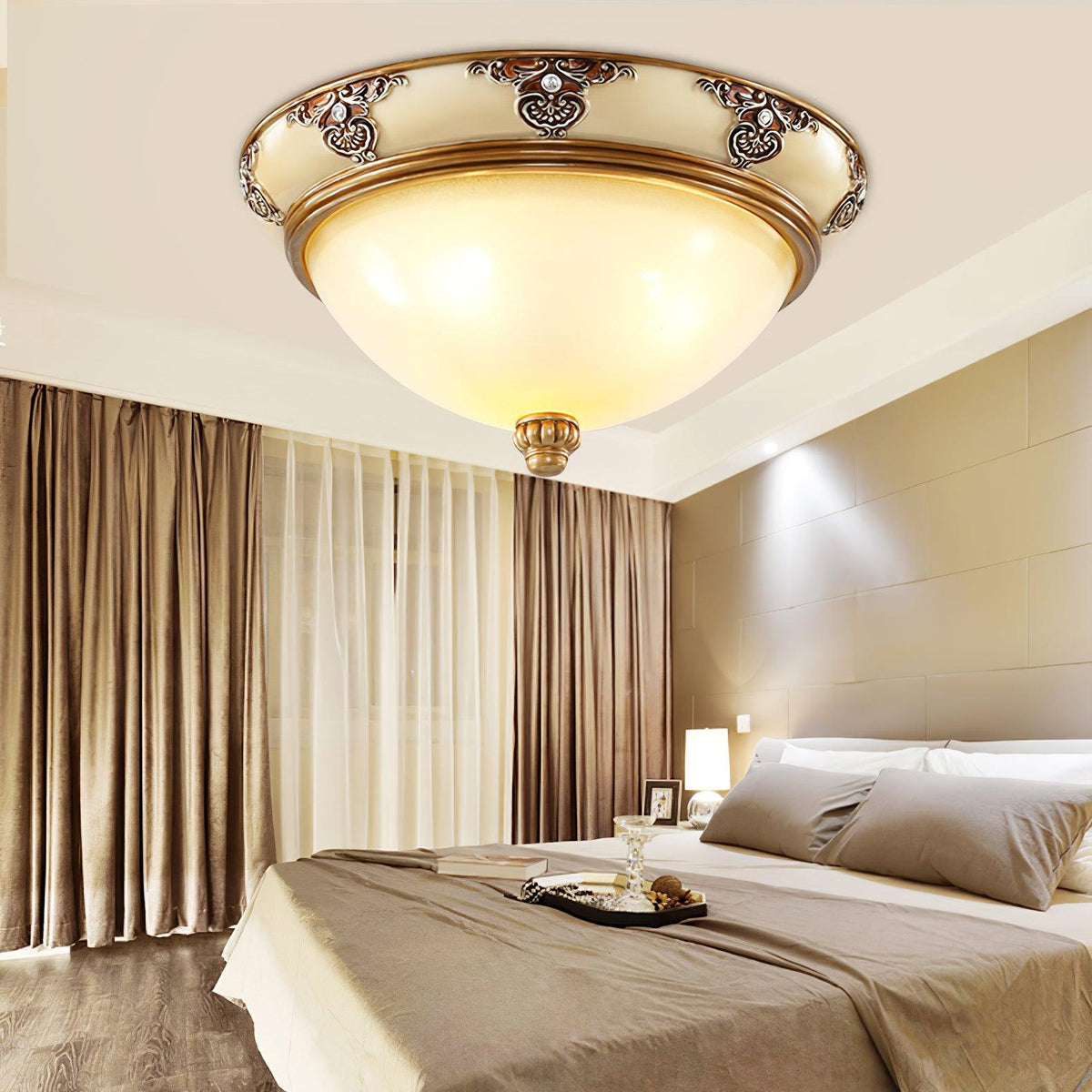 Brahm Flush Ceiling Light – Modern Antique Beige Glass Fixture
