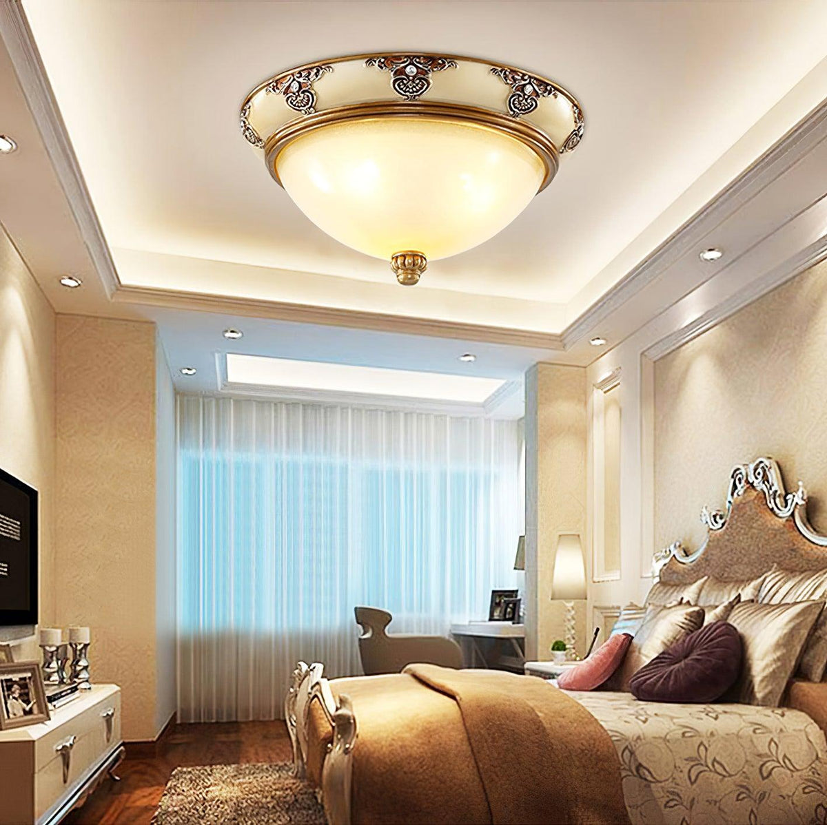 Brahm Flush Ceiling Light – Modern Antique Beige Glass Fixture