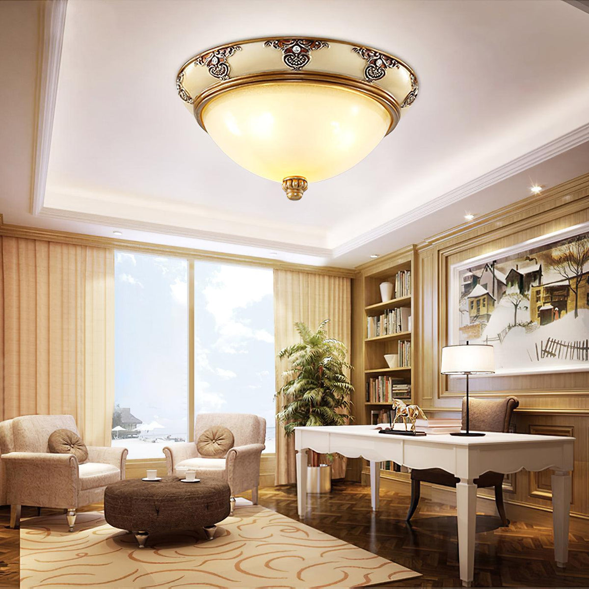 Brahm Flush Ceiling Light – Modern Antique Beige Glass Fixture