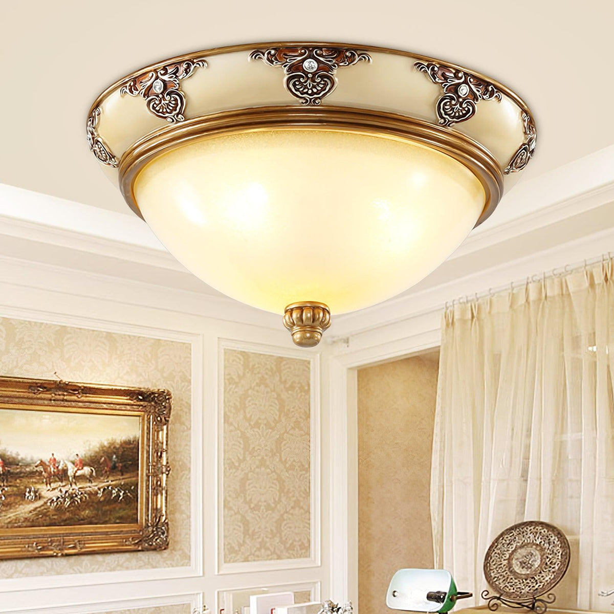 Brahm Flush Ceiling Light – Modern Antique Beige Glass Fixture