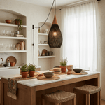 Artisan Braided Rattan Swag Pendant Light with Natural Wood Accents