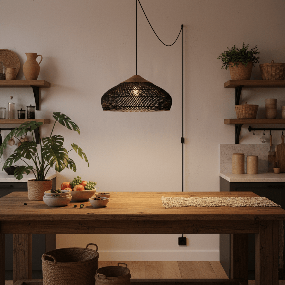 Artisan Braided Rattan Swag Pendant Light with Natural Wood Accents